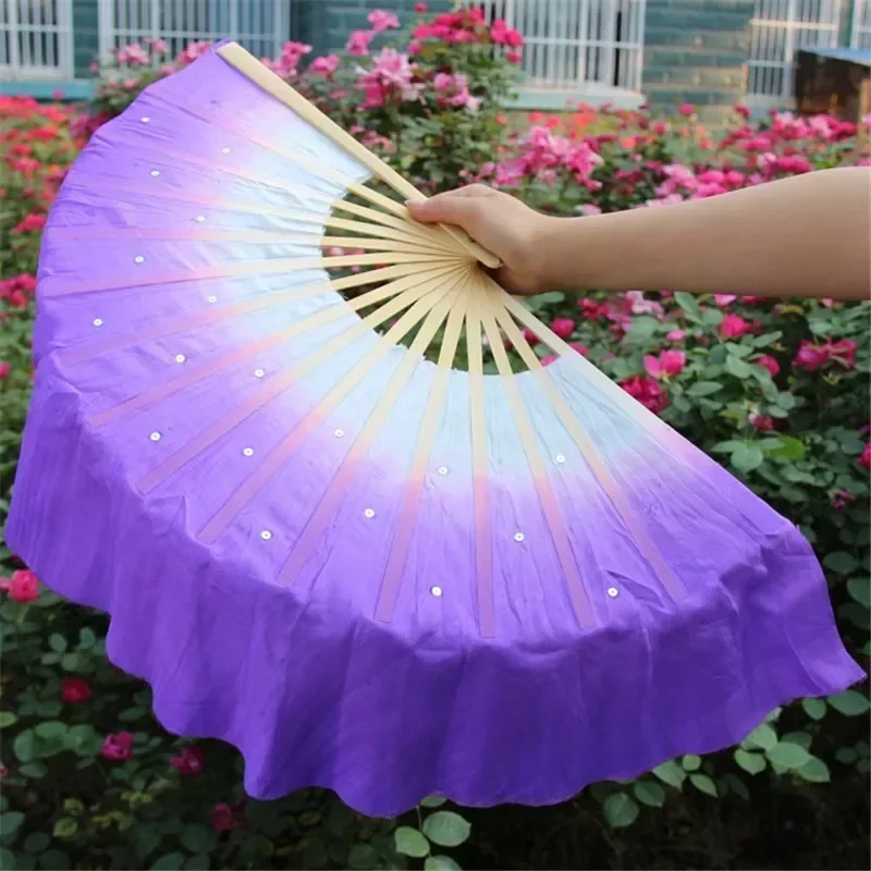2pcs Chinese Short Bellydance Fan 30cm Bamboo+10cm Half Circle Silk Veil Pairs Yangko Dance Bamboo Fans Hand Dye Adults Hot Sell
