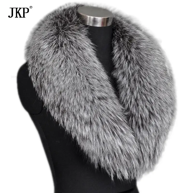 JKP Genuine Real Silver Fox Fur collarWith coat Natural Fox Fur Scarf FemaleNeck Cap Long Big Fur collar customMade shawl