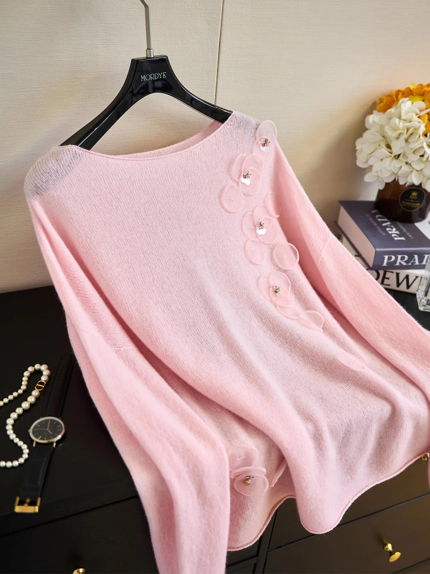 

Вязаный шерстяной свитер Chao Xianmi из 100% шерсти, розовый, с вышивкой бисером, объемный, элегантный, для женщин, комфортный, теплый, зимний топ