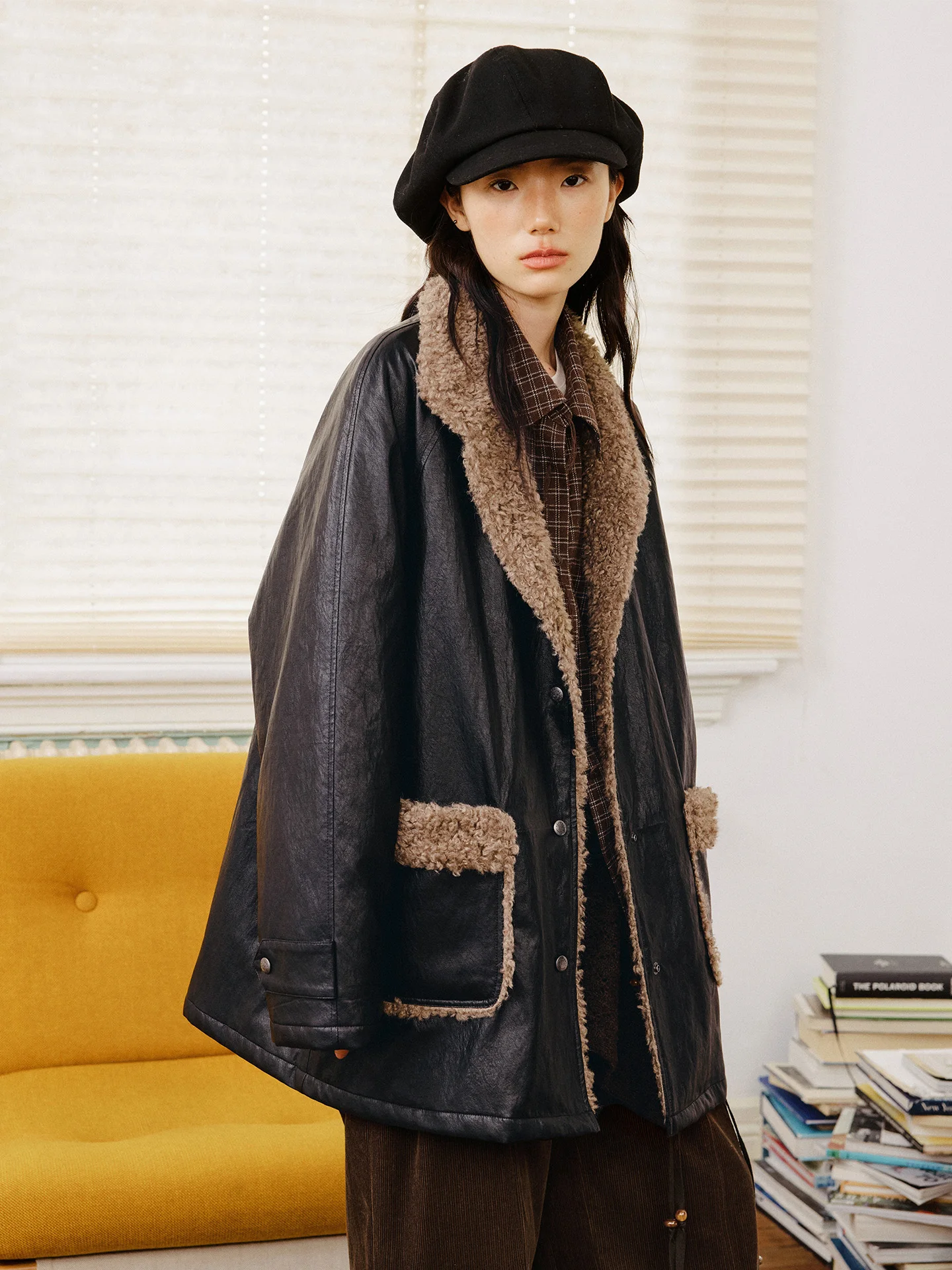 Octopusme レトロ ロングジャケット コットン レディース コート ファー付き パッチワーク レザー コットンブレンド 通勤 スタイル