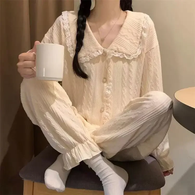 New Style Extra Large 300 Kg Princess Sweet Can Be Worn Outside A Loungewear Set Court Style Pajamas Female Spring and Autumn