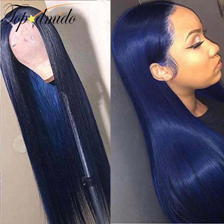 Topodmido Dark Blue Color 13x4 Brazilian Hair Wig with Baby Hair Remy Human Hair Transparent Lace Front Wig for Woman Glueless