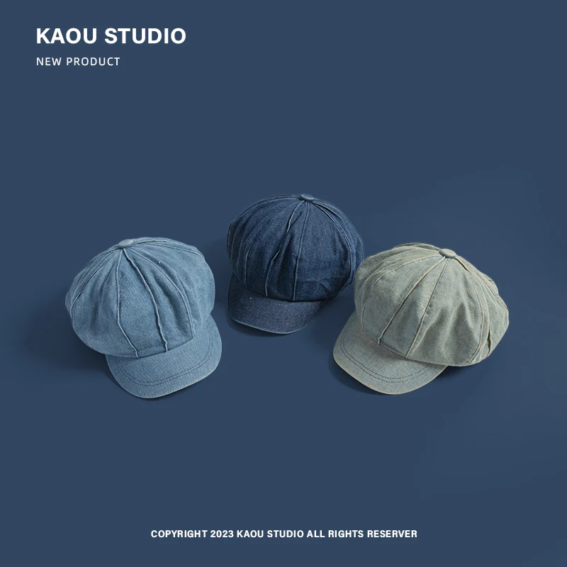 Retro Denim Octagonal Cap Women's Spring and Autumn New Korean Beret Niche Stitching Cloud Hat 2