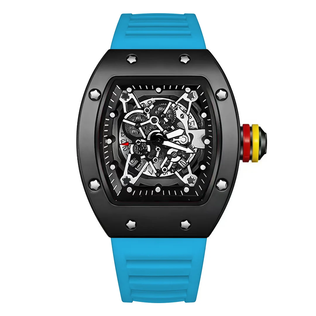 Quartz Wristwatch For Men Barrel Shape Transparent Back Limited Edition Silicone Strap Clean Fashion Layout