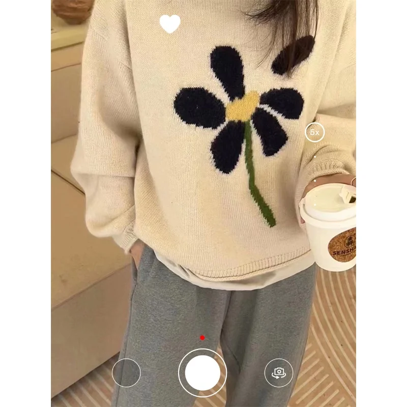 

Мягкий однотонный вязаный свитер, круглый, базовый, с манжетами, свободный, приятный для кожи, с вышивкой четырехлевого клевера