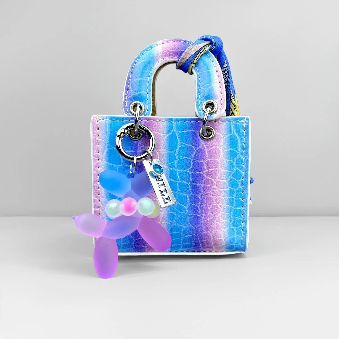 Mini PU-Leder Taschenanhänger, Regenbogenfarbene Mini-Tasche mit Farbverlauf-Ballonhund-Schlüsselanhänger-Set für Ohrhörer/Ladekabel/Geschenk – Detail 10