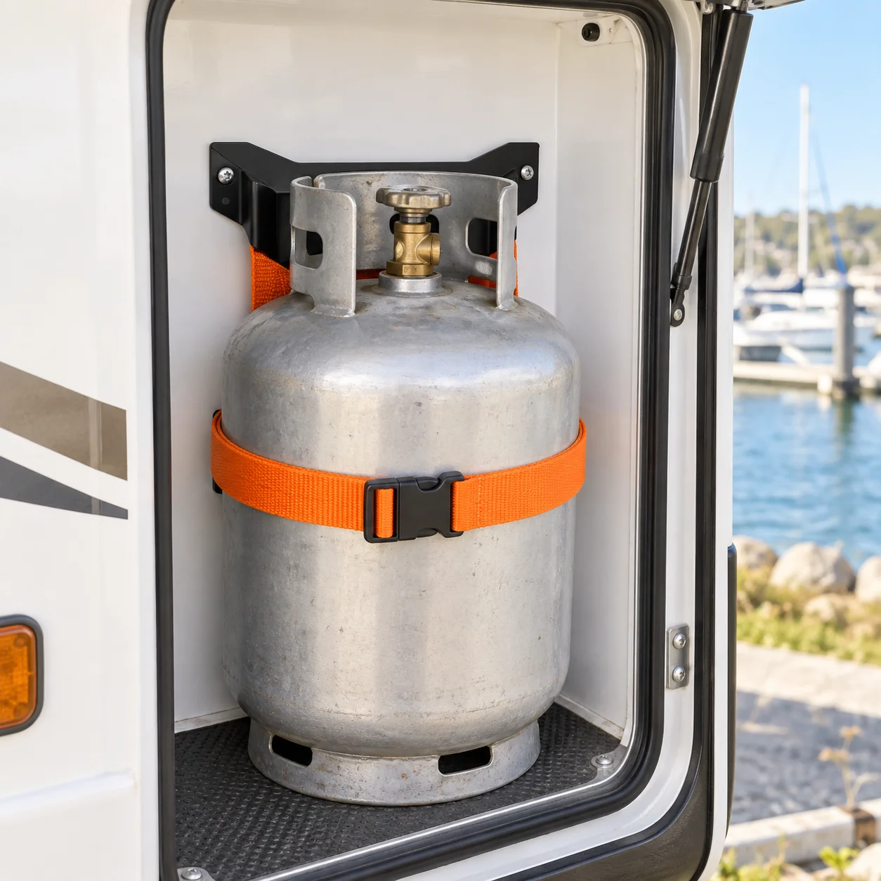 Gas Bottle Holder Bracket with Adjustable Nylon Strap for Securing Cylinders in Caravans and RVs during Long Distance Road Trips