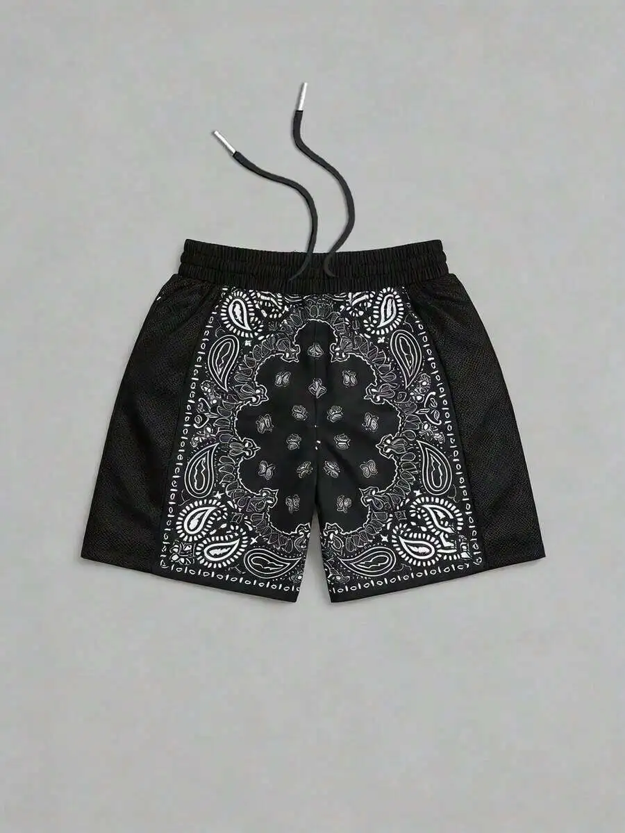 

Black Paisley Print Mesh Shorts With Drawstring Waist Casual Streetwear Bottoms