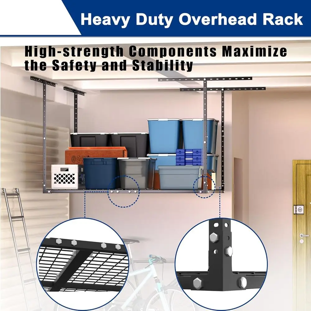 Heavy-Duty 3x4FT Adjustable Ceiling Storage Rack for Garage, 450lbs Capacity, Metal Organizer, Black