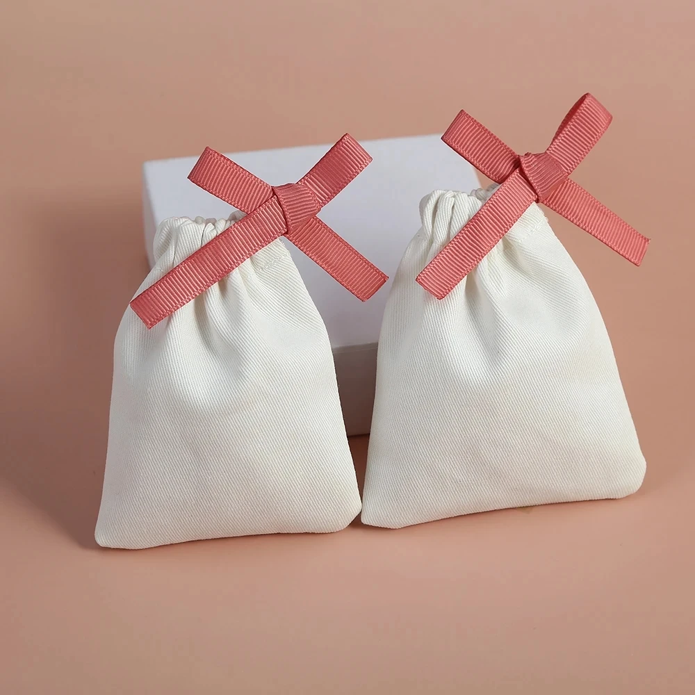 

Thick Cotton Canvas Bag White Jewelry Packaging Pouch with Ribbon Bag Custom Chic Small Pouches Wedding Favor Pouch Handmade