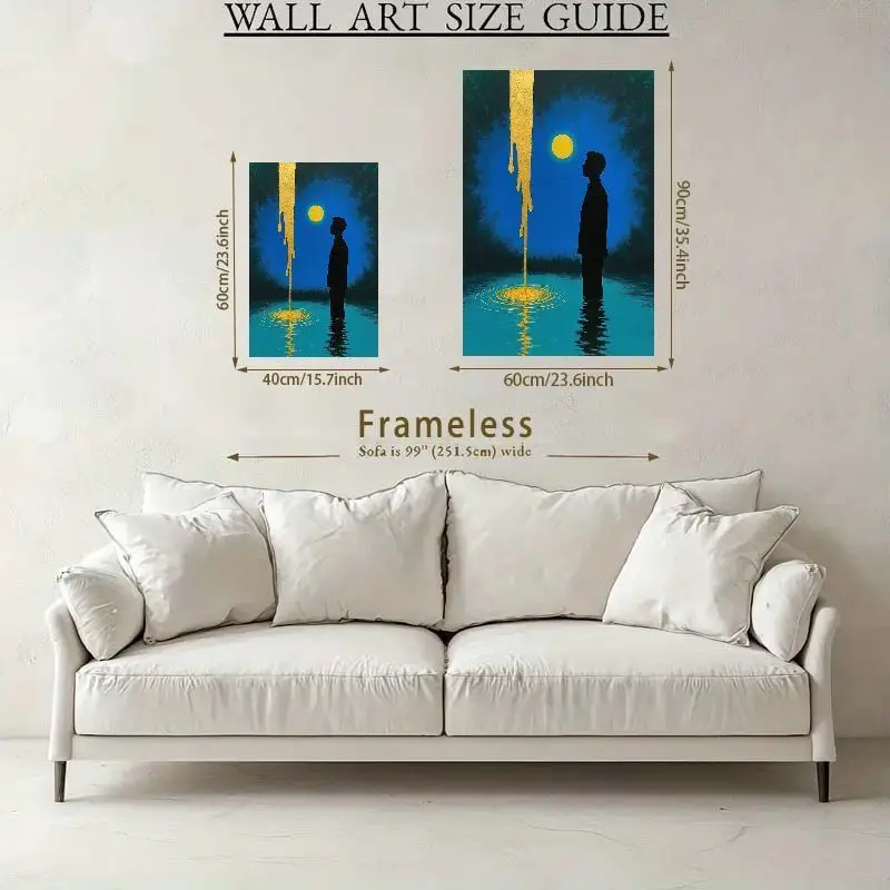 لوحة فنية جدارية تجريدية بدون إطار من القماش - لوحة حديثة بسيطة مع شلال ذهبي وبركة قمر - ديكور للتأمل الهادئ #2