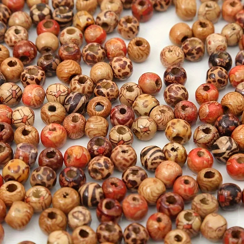 200 PCS large hole printed flower and wood round beads suitable for DIY handmade beaded bracelets, necklaces, jewelry making