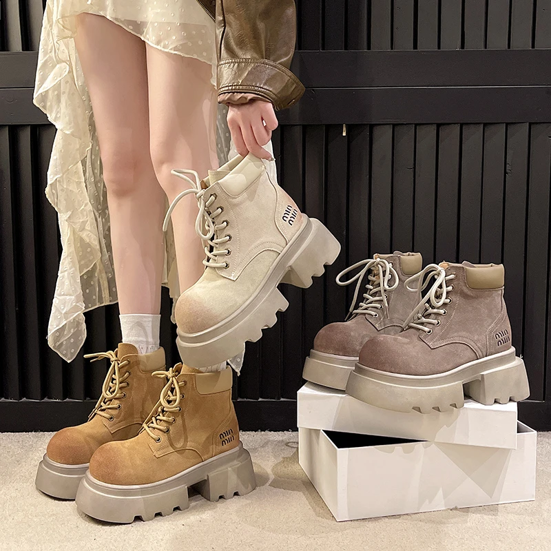 Ankle Work Boots Women Chunky Platform Chelsea Non Slip Women Shoes Designer Winter New Lace Up Casual Brand Trendy Botas Mujer