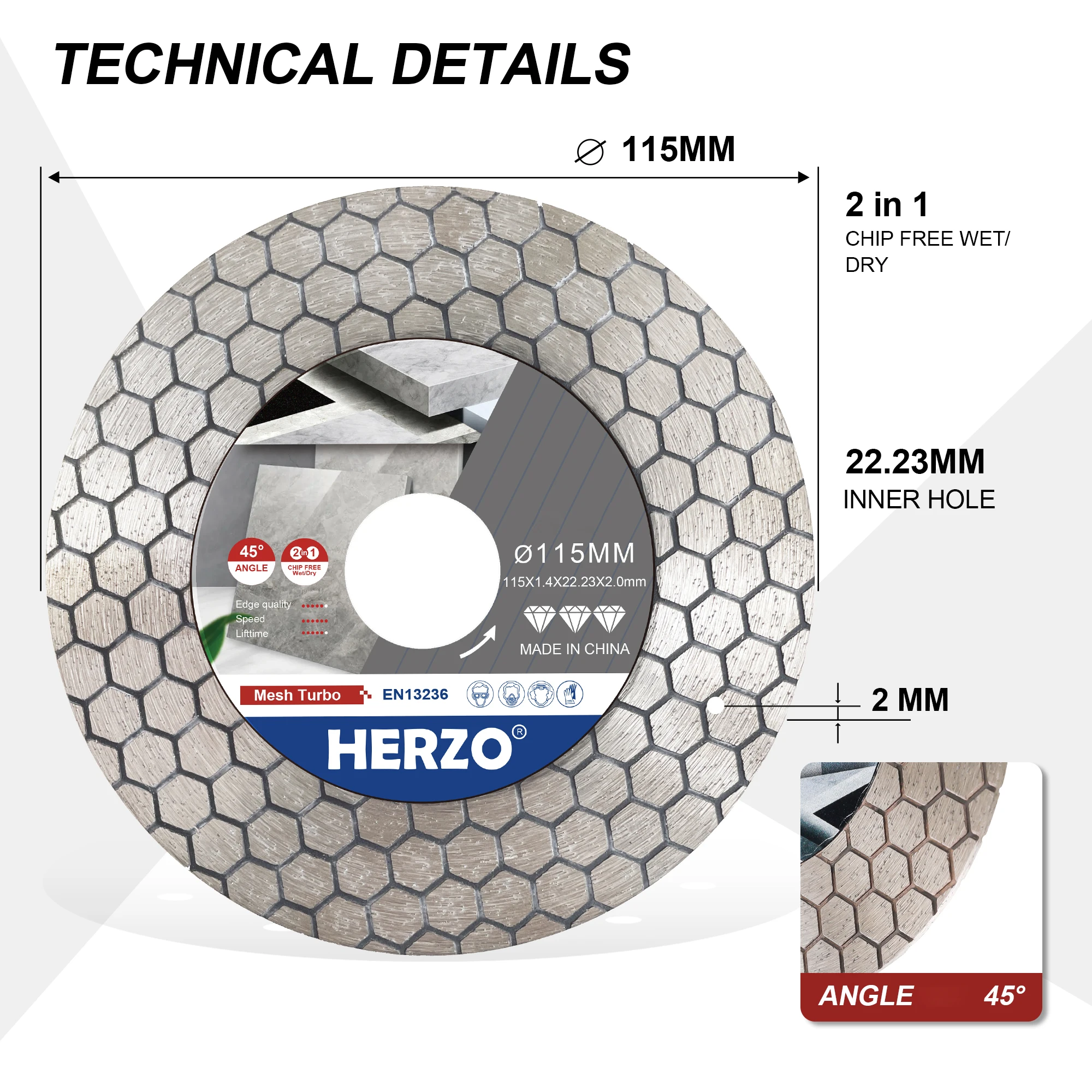 HERZO 115MM Hot Press Hexagonal Corrugated Tile Saw Blade 115mm, 2-in-1 for Straight Tile Cutting & 45° Bevel Edge Finishing