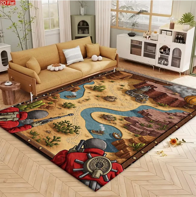 Wild West Desert Western Game Map Art carpet flooring, Retro Cowboy Desert Scenery Print Area Rug for Living Room Bedroom Home Interior