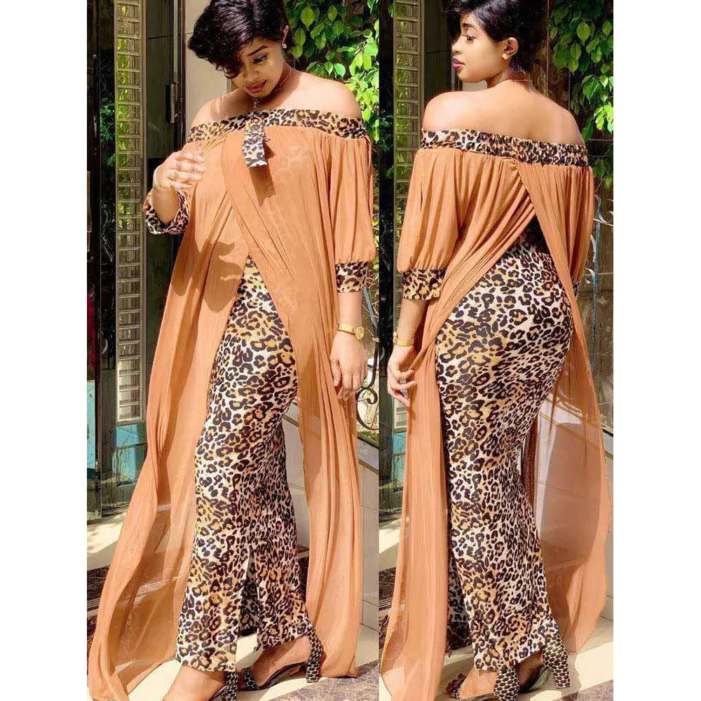 Autumn Sexy Leopard Printed Dashiki African Dresses for Women Party Half Sleeve Slash Neck Femme Robe