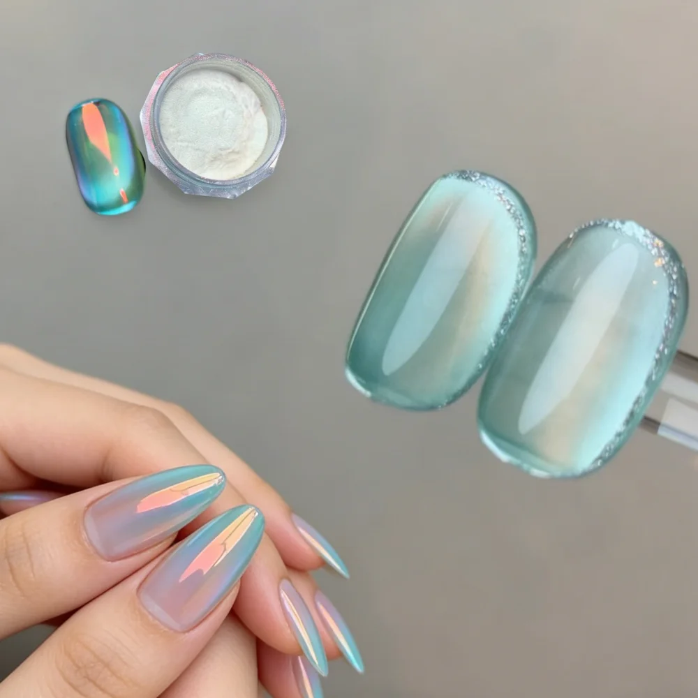1pc Summer Shiny Aurora Cat Eye Nail Powder Holographic Iridescent Blue Light Chrome Pigment Dust Mirror Manicure Glitter Powder