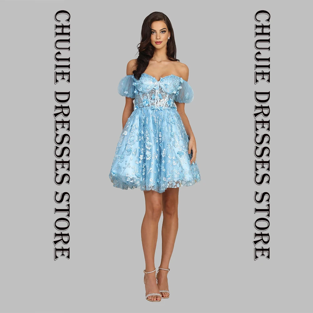 

Sky Blue Flowers Princess Birthday Gowns vestidos graduación Teen Mini Cocktail Dresses Women Customized A Line Homecoming Dress