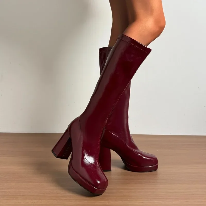 Burgundy High-heeled Boots Female 2025 Popular Temperament Without Knee Knight Boots Waterproof Platform Thick Bottom image 6