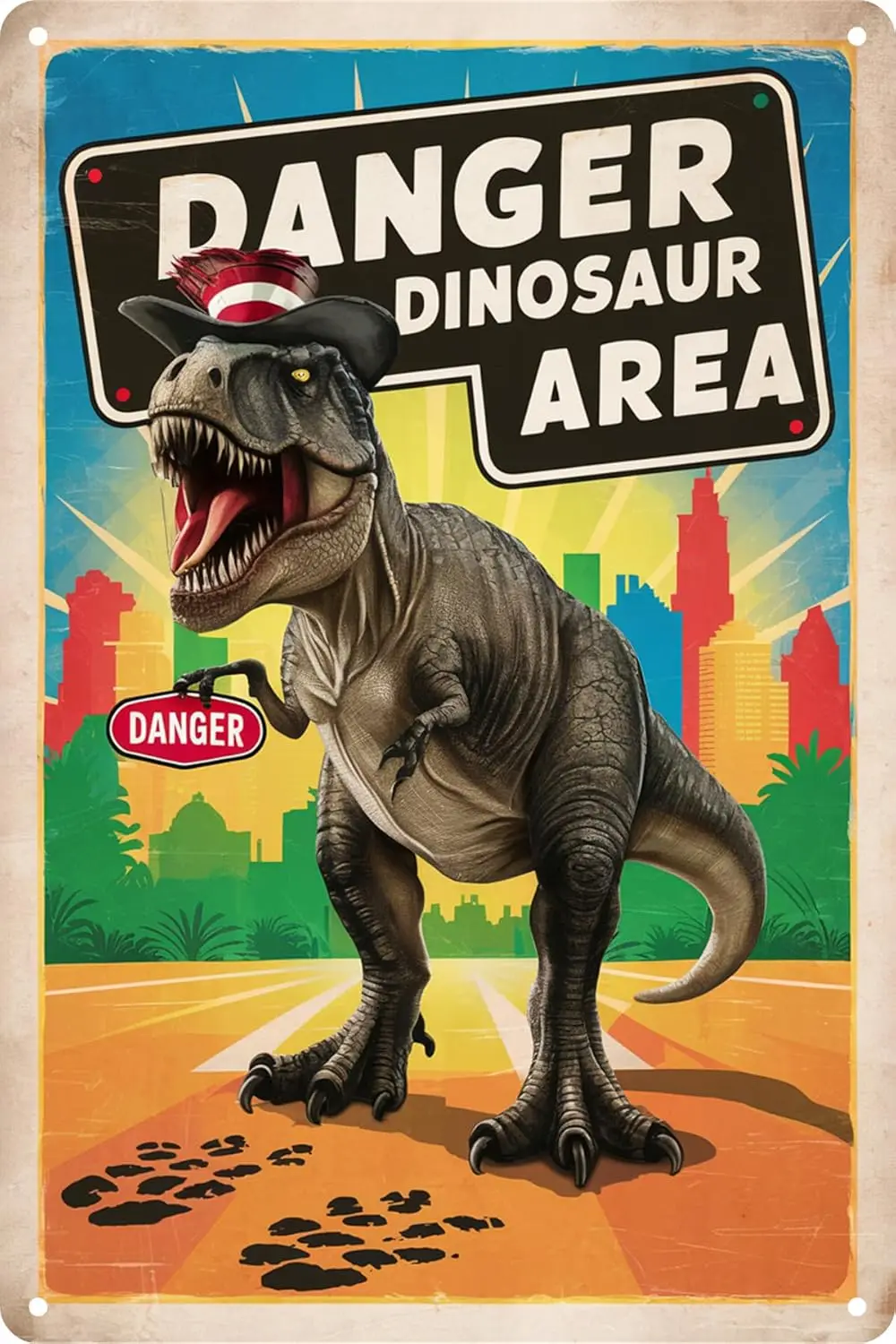 Danger Dinosaur Area Keep Out Vintage Metal Tin Sign Funny Boys Bedroom Wall Decor Man Cave Coffee Bar Signs 8 x 12 Inch sign