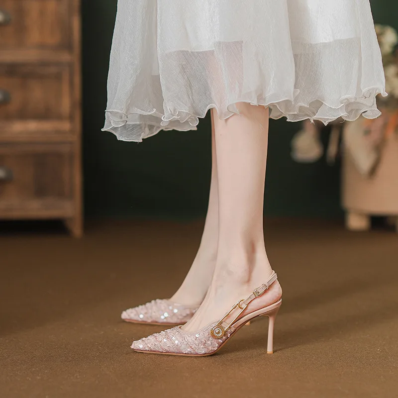 

High Heels Fashion Shoes Autumn Summer Pink Rhinestone Sequins Heel Light Mouth Sandals