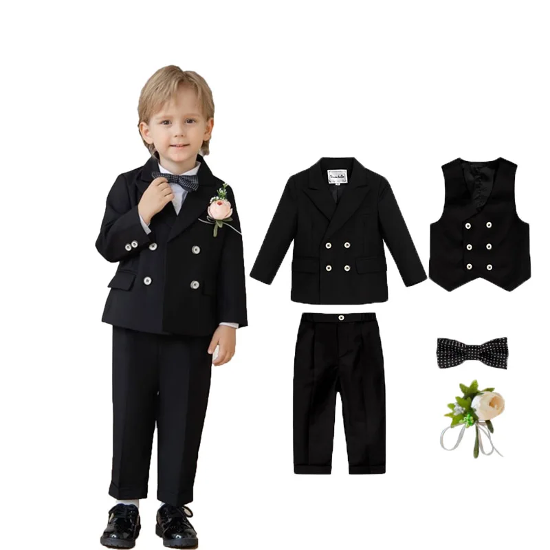 Boys 5Pieces/Set Jacket Vest Pants Bowtie Flower Photograph Suit Children Ceremony Tuxedo Dress Teenager Kids Evening Costume