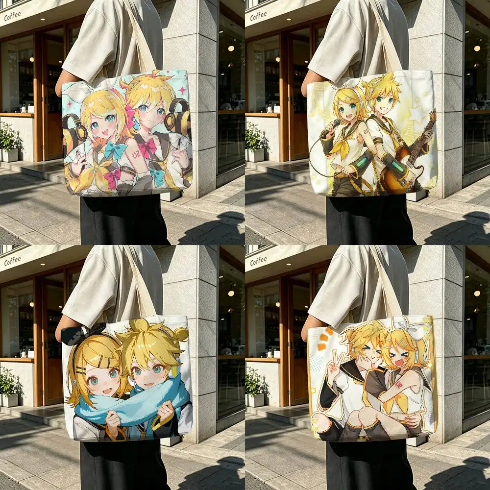ute-vocaloid-歌手-リンとレンの漫画風デザイン、再利用可能な折りたたみ式キャンバストートバッグ（ショッピングや日常使いに）