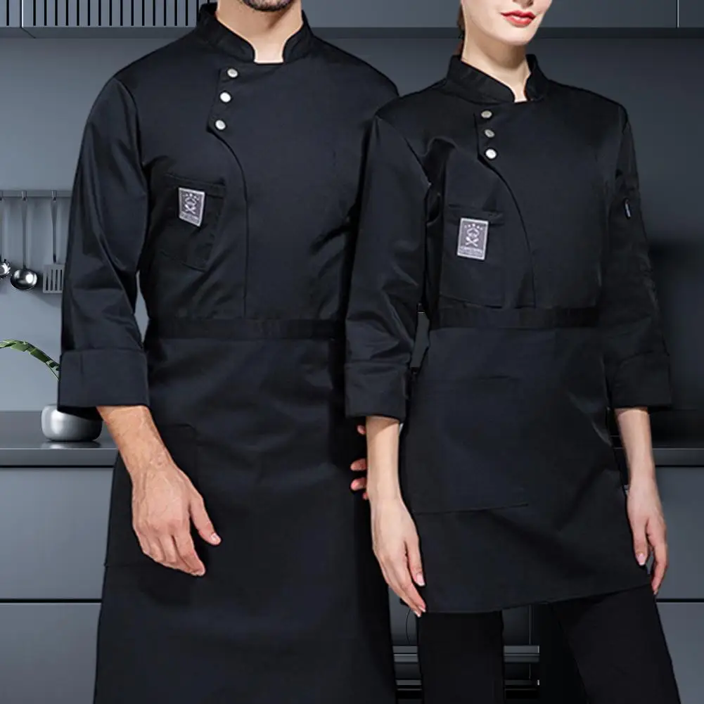 Men Chef Uniform Solid Color Stand Collar Single-breasted Pocket Women Chef Coat Waterproof Anti-dirty Unisex Chef Tops