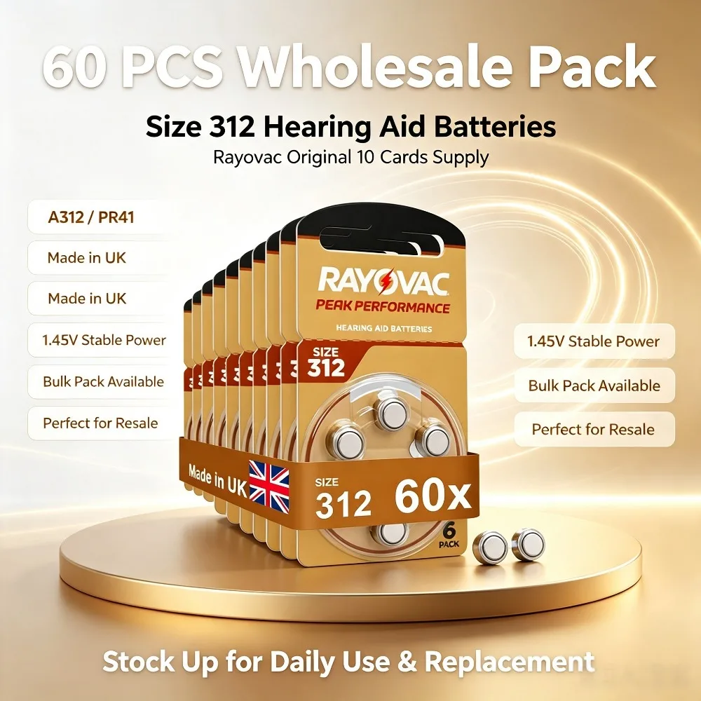 6-60PCS Rayovac Peak 1.45V 312 A312 312A PR41 Mercury Free Zinc Hearing Air Battery Long Lasting For BTE CIC RIC OE Hearing Aids