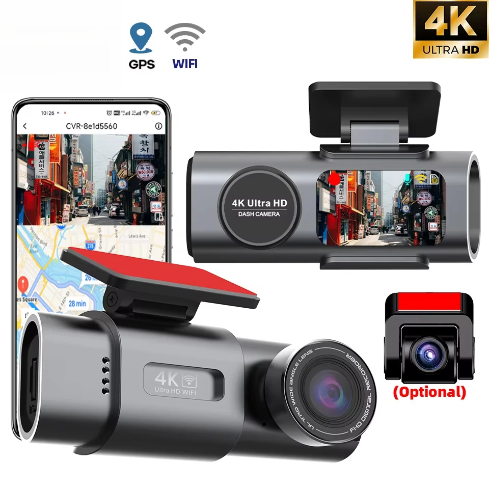 Dash Cam Dual Lens 4K UHD Recording Car Camera DVR Night Vision Video Recorder Support GPS Wi-Fi Room Black Box Rear View Camera