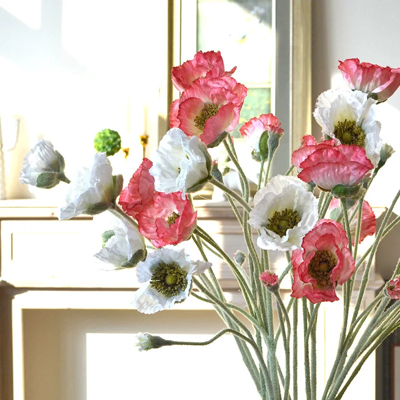 5Pcs Artificial Flower Flocked Poppy Marriage Decor Bridal Bouquet Wedding Flower Arrangement Party Table Accessories Poppies