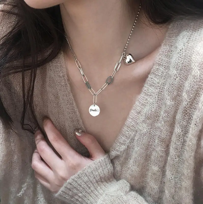 

925 Sterling Silver Thick Chain Necklace INS Fashion Hip Hop Vintage Design LOVE Heart Pendant Thai Silver Party Jewelry