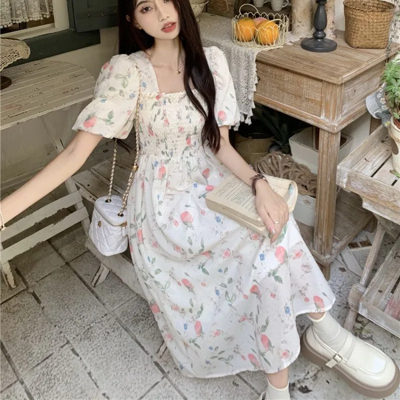 Floral Dresses Women Sweet Gentle Casual Square Collar Defined Waist Chic Popular Korean Fashion Puff Sleeve Vestidos Summer