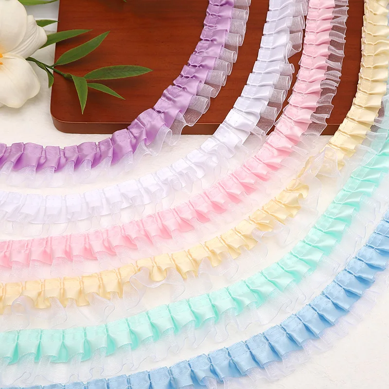 1/7pcs 4cm Wide Multi Color Polyester Double Layer Ruffle Lace Ribbon Fabric Trim Crafts DIY Clothing Skirt Sewing Accessories