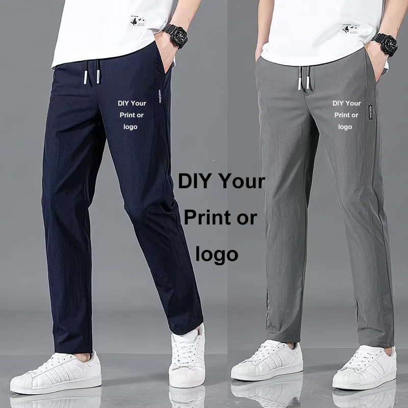 Men\'s Logo Customized Ice Silk Pants Solid Color Loose Breathable Straight Tube Casual Pants Quick Drying Sports Pants