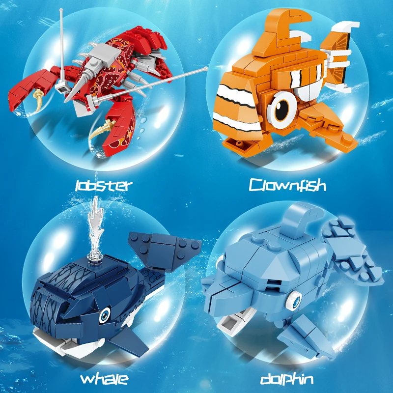 Sea World Series Building Blocks Set Whale Lobster Clownfish Mini Marine Life Model Bricks Kids DIY Toy Creative Birthday Gifts