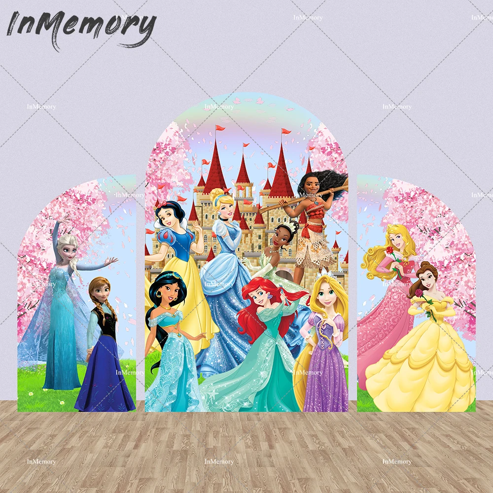 Princess Arched Chiara Backdrop Cover Snow White Ariel Jasmine Anna Photo Background for Children Birthday Party Decoration