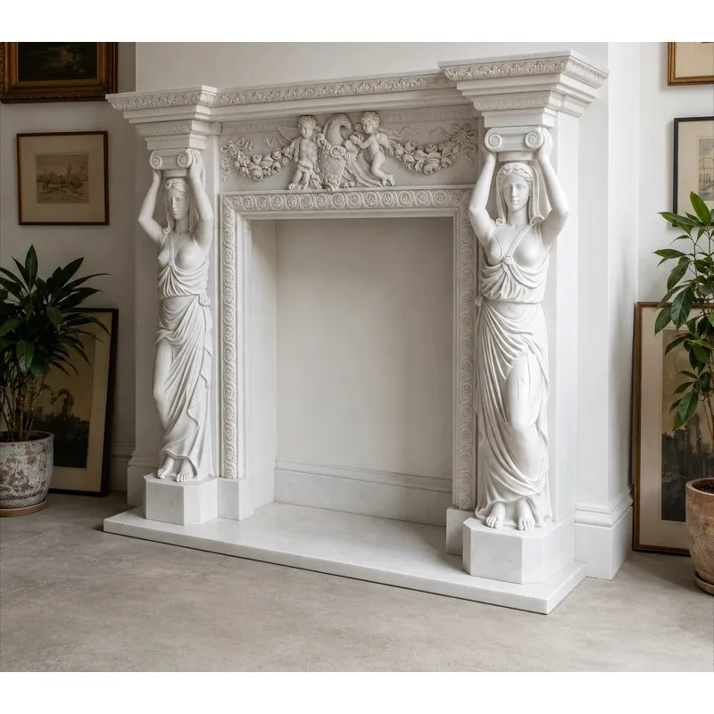 Caryatid Figure White Marble Fireplace Putti Frieze Neoclassical Hand Carved Design for Luxury Hotel Museum Grand Lobby xyl