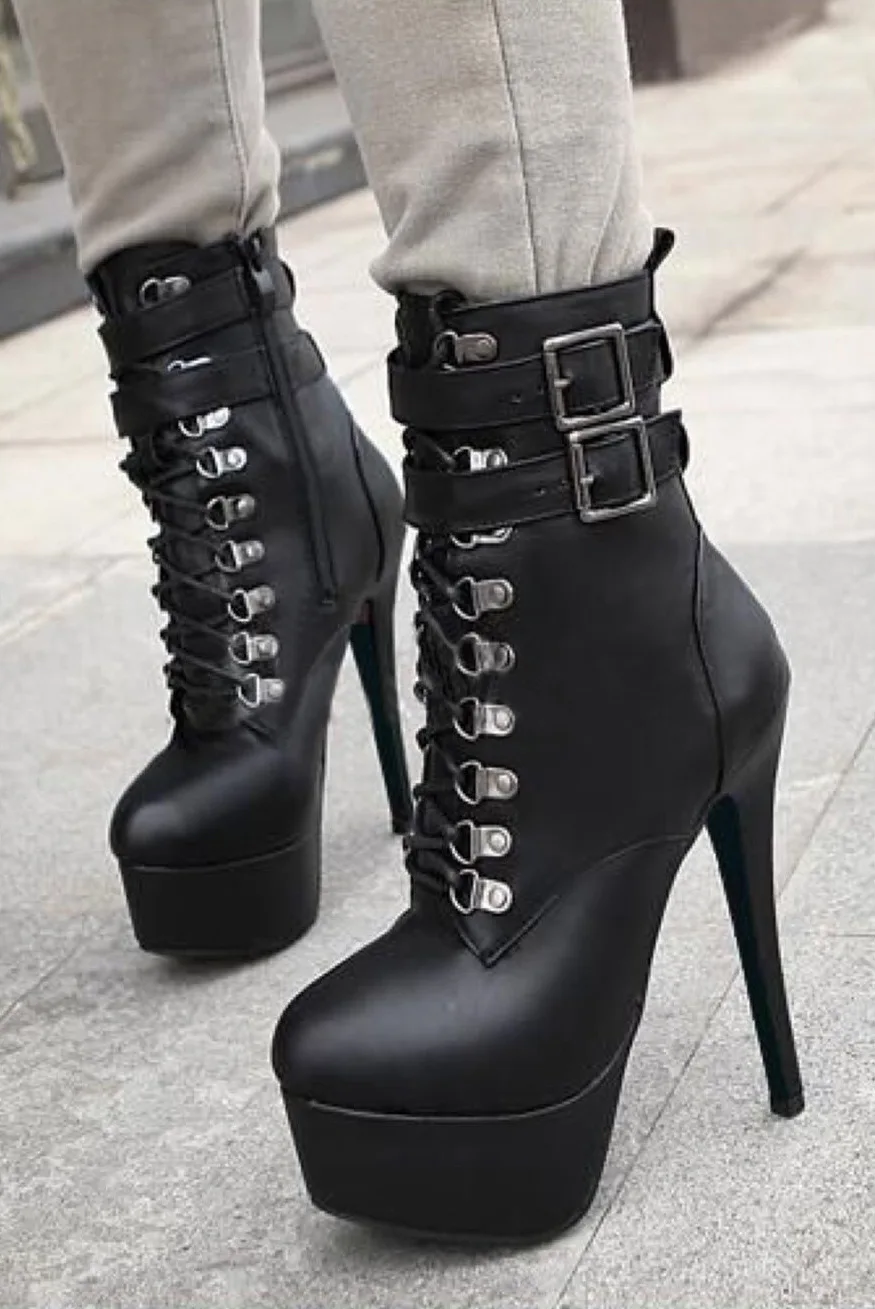 Women's Fall New Ankle Boots Sexy High Heels Platform Thick Black Leather Ankle Boots Black Shoes Ladies Stiletto 2022