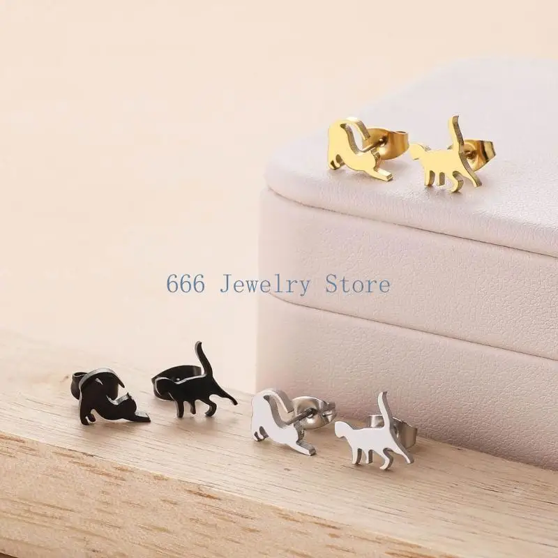 F2TD 3 Pairs Animal Stud Earrings Cute Cat Earrings Adornment Stainless Steel Ear Piercing Jewelry Mini Ear Studs for Women