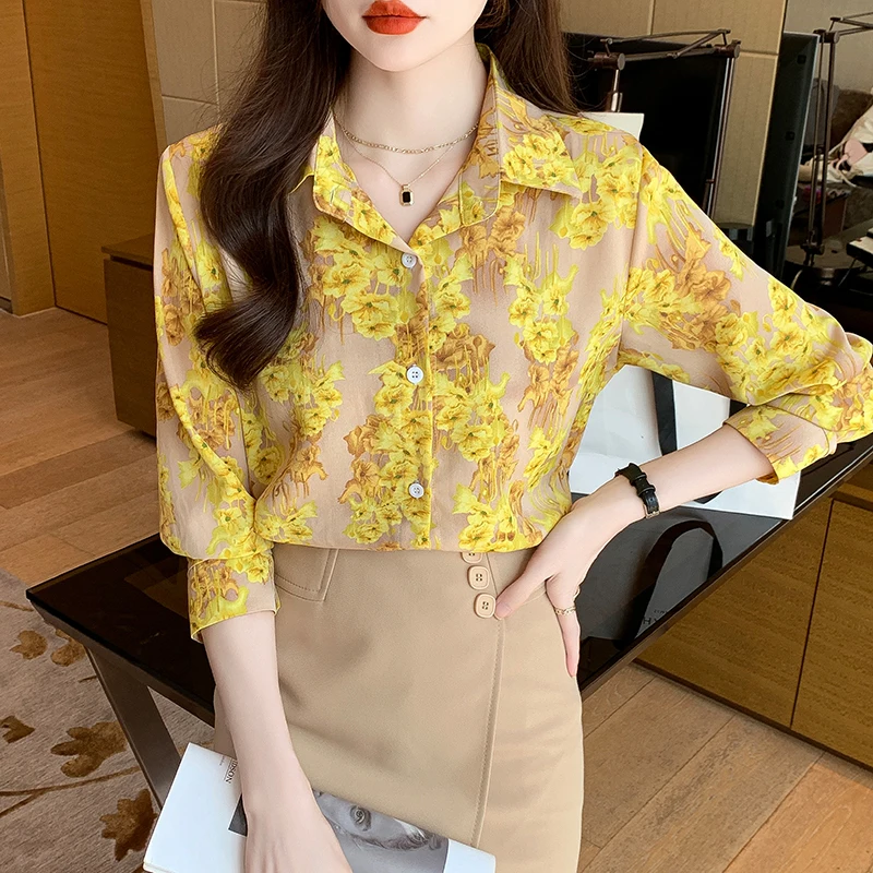 Women Spring Korean Loose Fashion Printing Appear Thin Polo-Neck Long Sleeve Shirts Women Clothes Casual All-match Elegant Tops