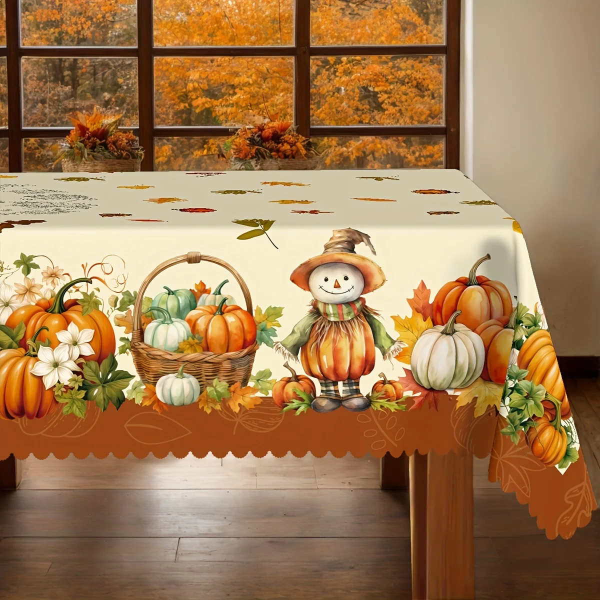 One autumn-themed tablecloth, featuring the patterns of scarecrow, pumpkin, maple leaves and flower basket.zyc