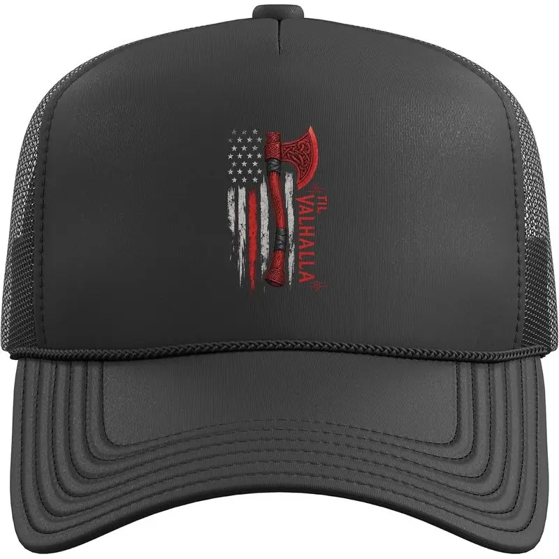 Viking Axe with American Flag - Til Valhalla Design Trucker Hat with Adjustable Mesh Back