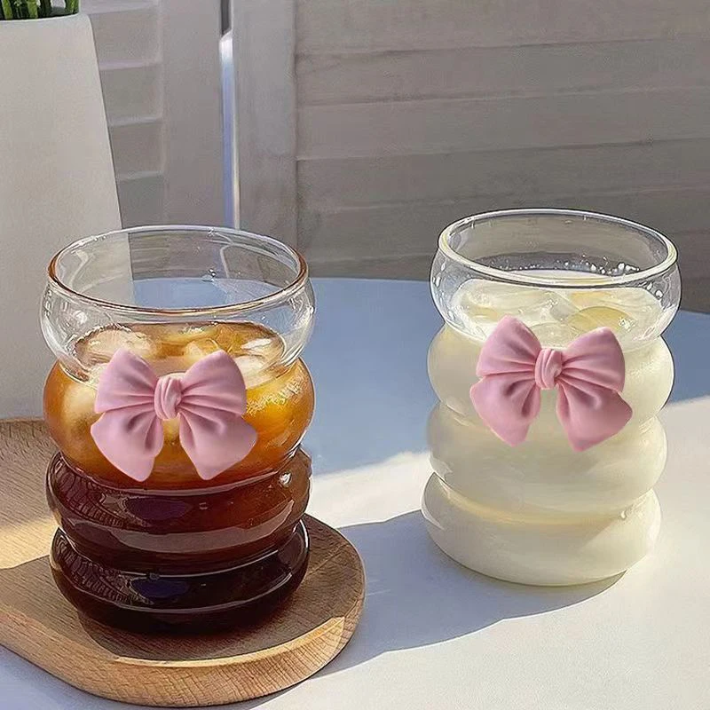New·Bow Glass Cute Water Cup Cartoon Bow Glass Cup Striped Cute Doodle Coffee Mug Household Fruit Tea Lemonade Girls Gift·