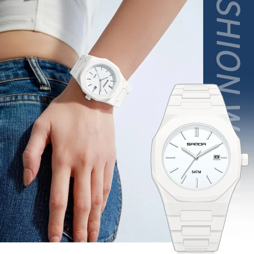 SANDA new 9091 fashionable quartz watch for men and women waterproof octagonal simple dial matte frosted student watch