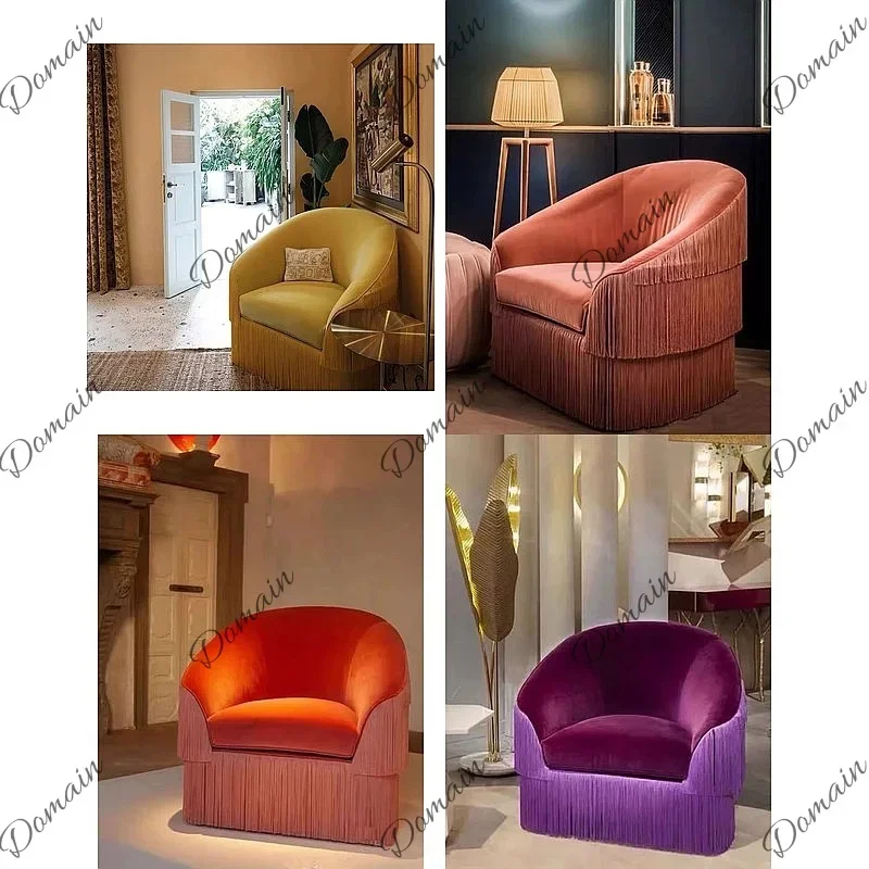 B80 French Retro Yellow Velvet Sofa Single Leisure Designer Tassel Vintage Purple Chair