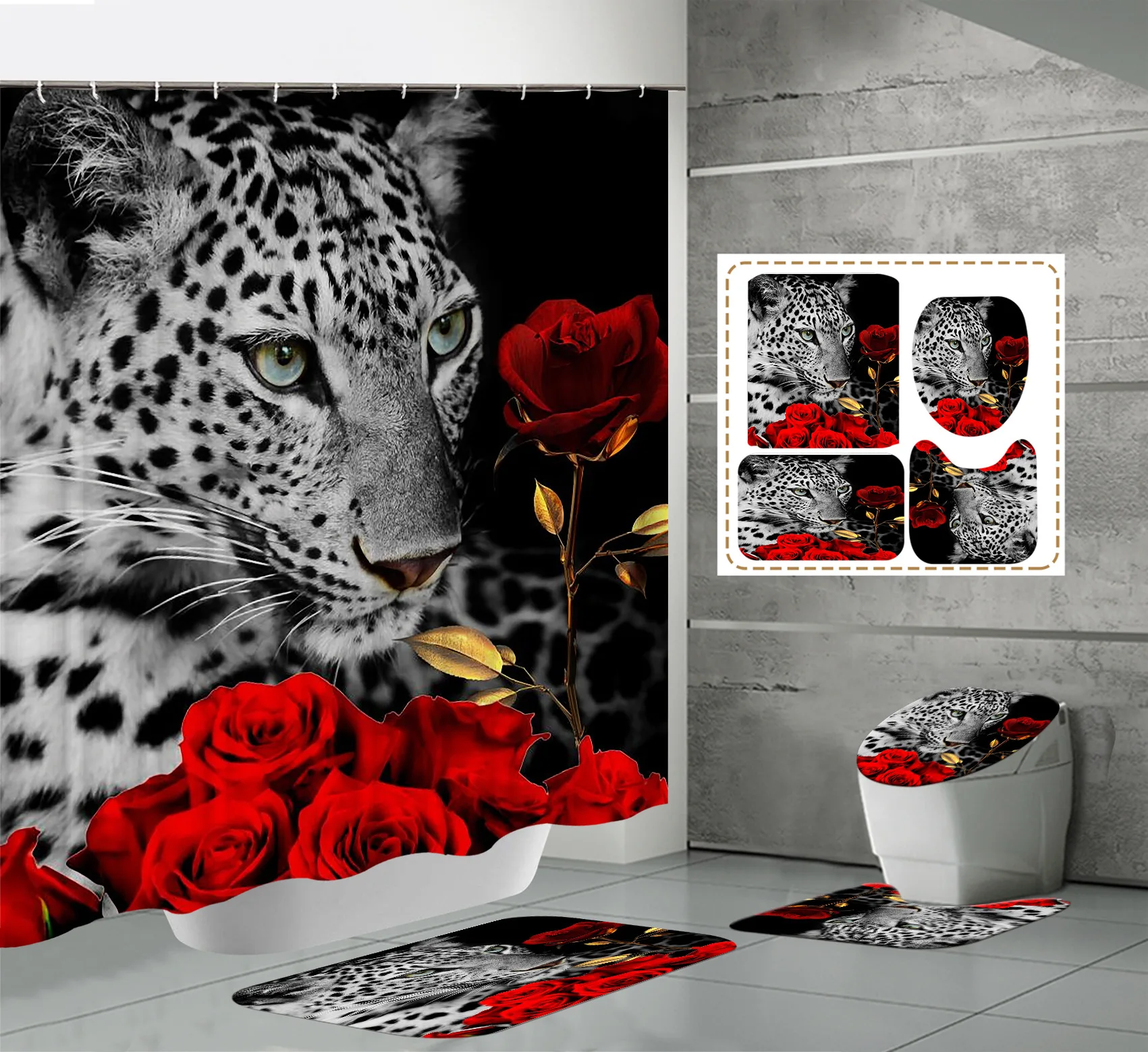 3D Animal Leopard Cheetah Bathroom Shower Curtain Set Polyester Waterproof Curtain and Non-Slip Rug Toilet Cover Bath Mats