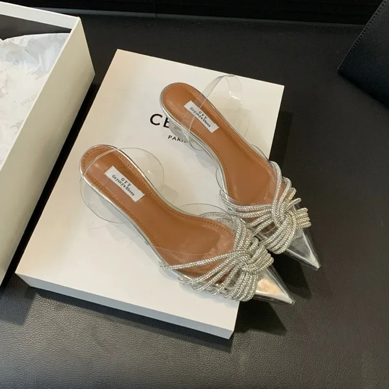 Comemore-Sandalias de tacón bajo con punta estrecha para mujer, zapatos de vestir plateados, transparentes, elegantes y sencillos, 2024