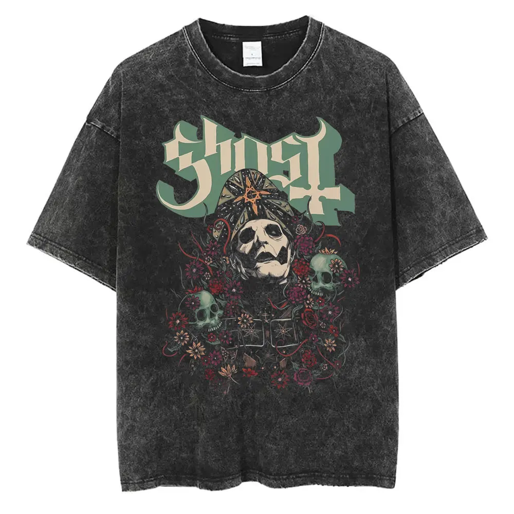 Ghost Band Graphic Tshirt Washed Vintage Skeleton Rock Oversized Print T Shirts Men Women 90s Classic Gothic Punk Metal T-shirt