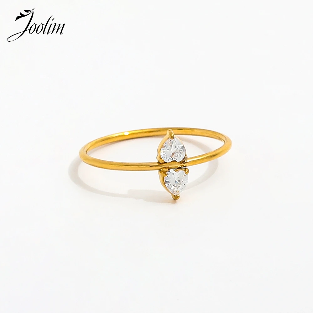 Joolim Jewelry Wholesale High End PVD Tarnish Free Fashion 2 Peach Hearts Rectangle Red Zirconia Stainless Steel Ring For Women